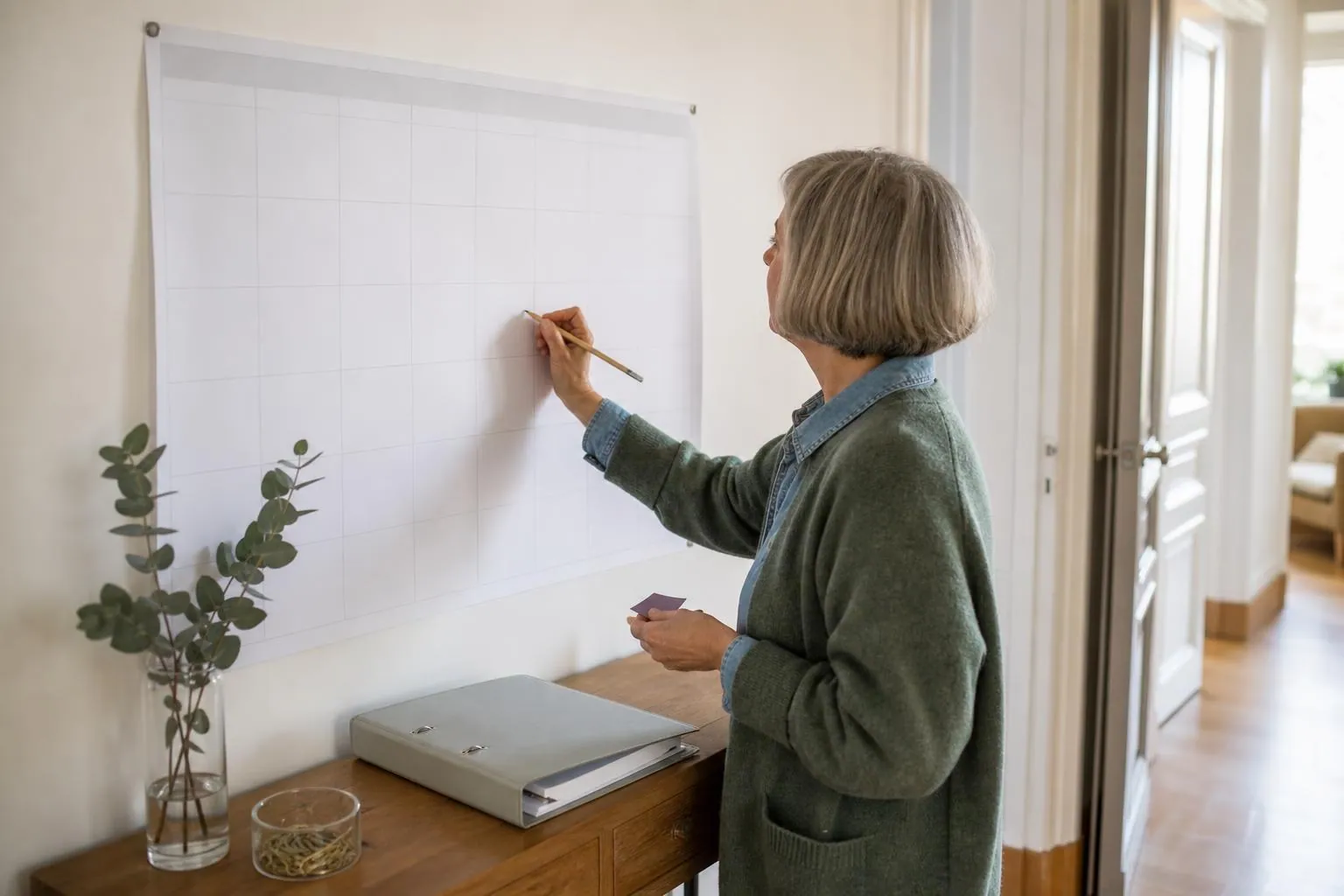 Femme d’une cinquantaine d’années debout devant un calendrier mural en papier, inscrivant au crayon des repères sur les semaines à venir