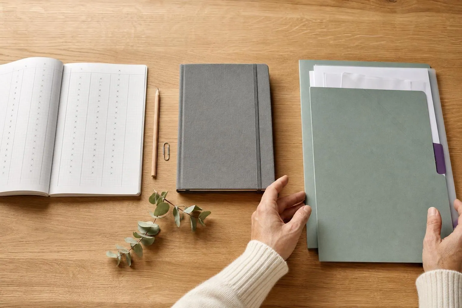 Trois supports de suivi posés côte à côte sur une table en bois clair: un cahier à petits carreaux, un agenda relié et une chemise cartonnée à rabats