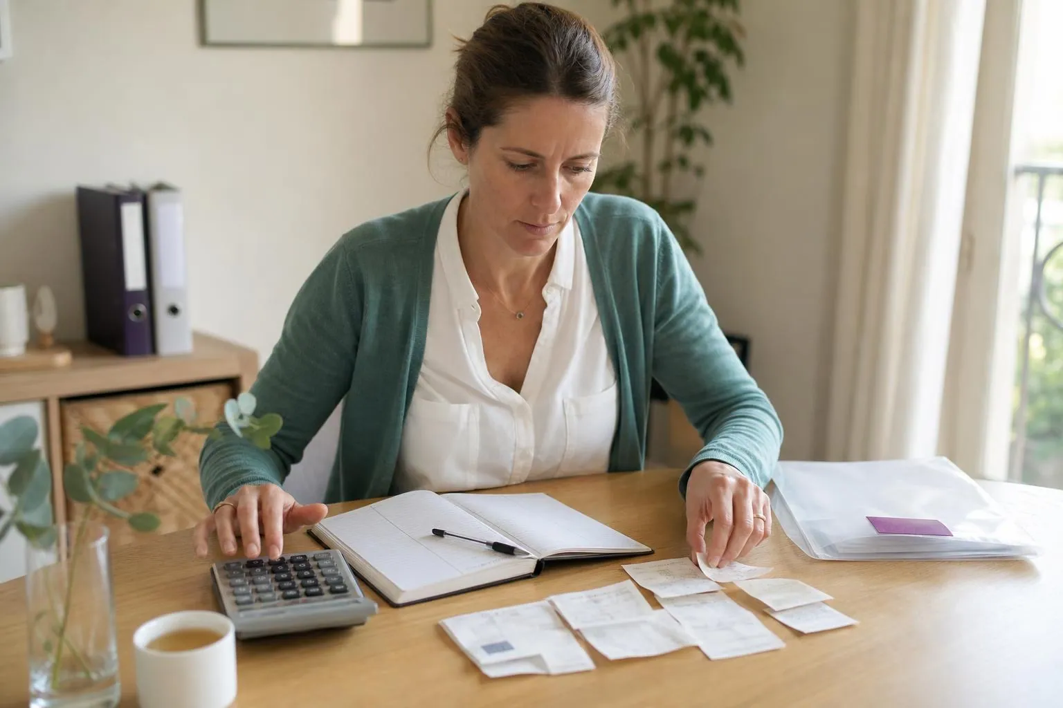 Femme d’environ quarante deux ans assise à une table claire, alignant des justificatifs papier à côté d’une calculatrice de bureau et d’un cahier de comptes