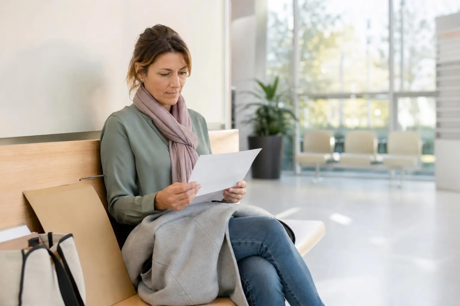 Femme d’environ quarante cinq ans assise sur un banc dans un hall d’hôpital clair, une grande enveloppe d’imagerie posée à côté d’elle et une feuille à la main