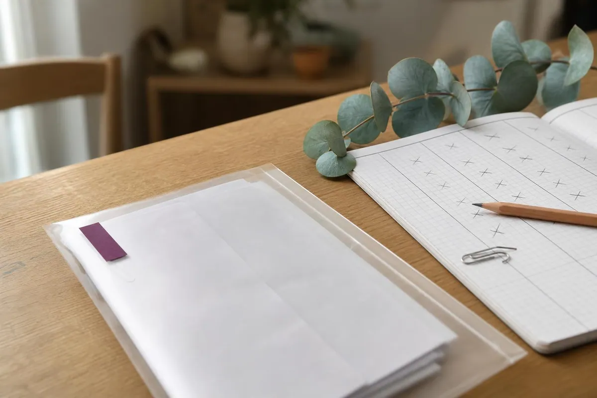 Gros plan d’une pochette transparente contenant des feuilles pliées en trois, posée sur une table de bois clair à côté d’un cahier à petits carreaux et d’un brin d’eucalyptus
