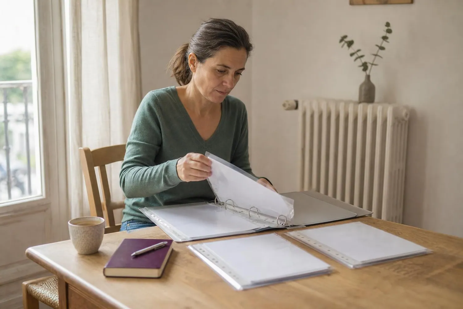 Femme d’environ quarante cinq ans assise à une table de salle à manger, classant des pochettes de documents médicaux par date dans un classeur ouvert